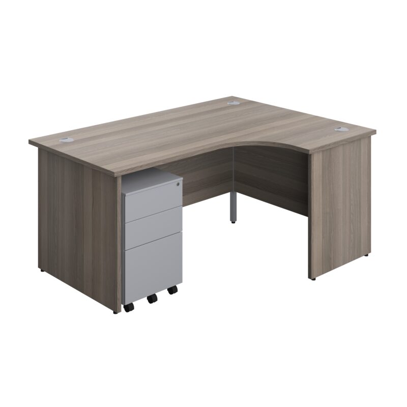 Panel Right Hand Radial Desk + 3 Drawer Steel Mobile Pedestal Bundle | 1600X1200 | Grey Oak/Silver