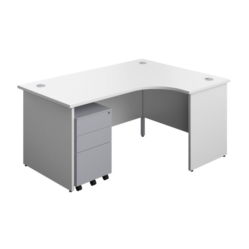 Panel Right Hand Radial Desk + 3 Drawer Steel Mobile Pedestal Bundle | 1600X1200 | White/Silver