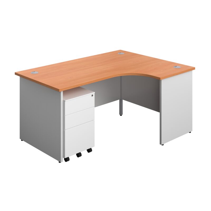 Panel Plus Right Radial Desk + 3 Drawer Steel Mobile Pedestal Bundle | 1600X1200 | Beech/White