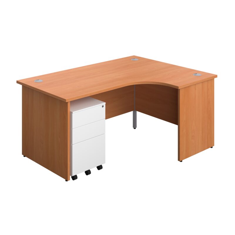 Panel Right Hand Radial Desk + 3 Drawer Steel Mobile Pedestal Bundle | 1600X1200 | Beech/White