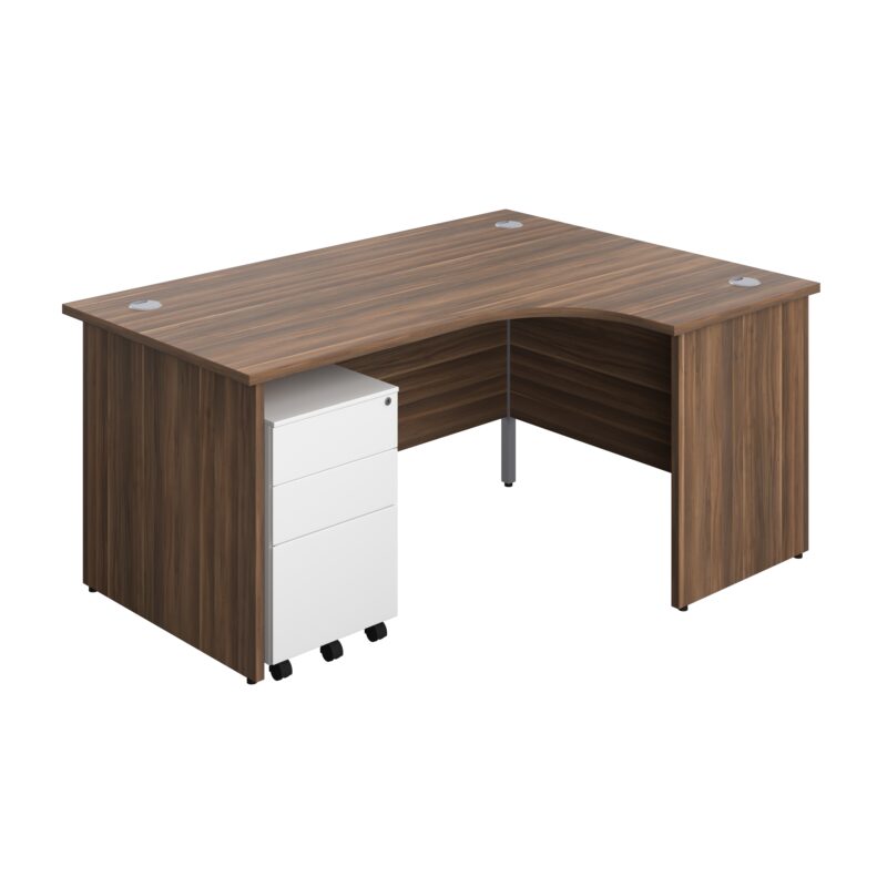 Panel Right Hand Radial Desk + 3 Drawer Steel Mobile Pedestal Bundle | 1600X1200 | Dark Walnut/White