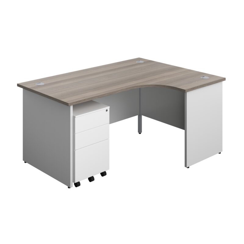 Panel Plus Right Radial Desk + 3 Drawer Steel Mobile Pedestal Bundle | 1600X1200 | Grey Oak/White