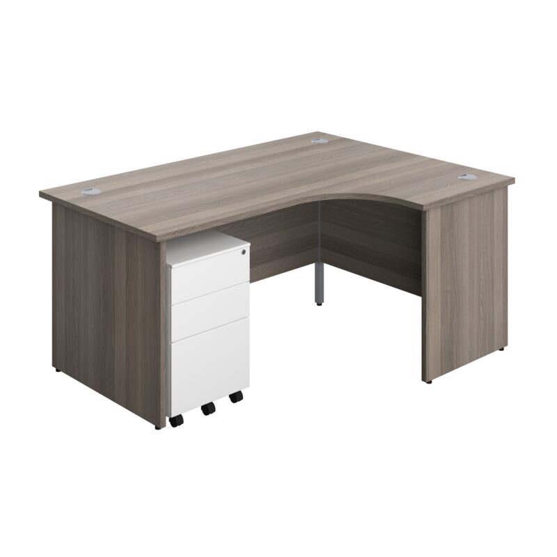 Panel Right Hand Radial Desk + 3 Drawer Steel Mobile Pedestal Bundle | 1600X1200 | Grey Oak/White