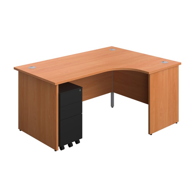 Panel Right Hand Radial Desk + 3 Drawer Slimline Steel Mobile Pedestal Bundle | 1600X1200 | Beech/Black