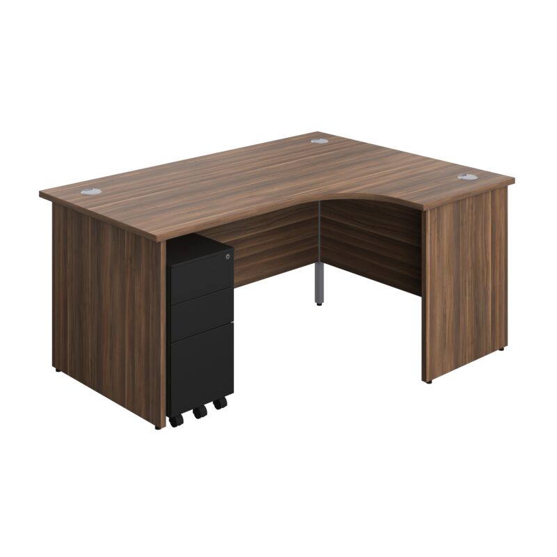 Panel Right Hand Radial Desk + 3 Drawer Slimline Steel Mobile Pedestal Bundle | 1600X1200 | Dark Walnut/Black