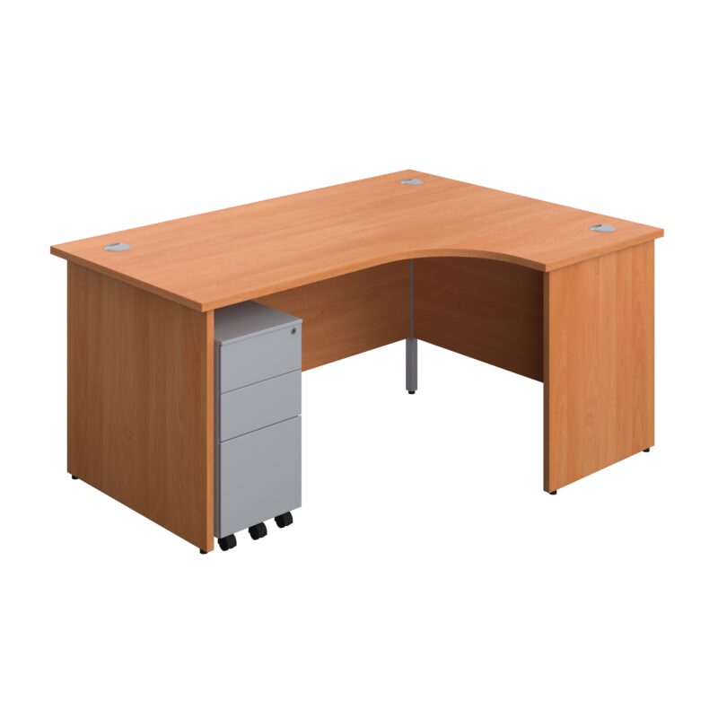 Panel Right Hand Radial Desk + 3 Drawer Slimline Steel Mobile Pedestal Bundle | 1600X1200 | Beech/Silver