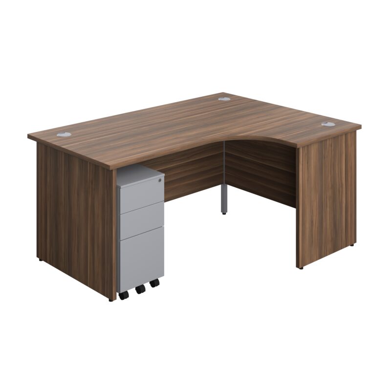 Panel Right Hand Radial Desk + 3 Drawer Slimline Steel Mobile Pedestal Bundle | 1600X1200 | Dark Walnut/Silver