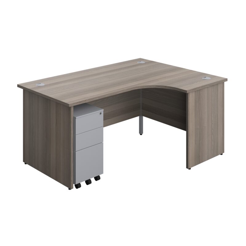 Panel Right Hand Radial Desk + 3 Drawer Slimline Steel Mobile Pedestal Bundle | 1600X1200 | Grey Oak/Silver