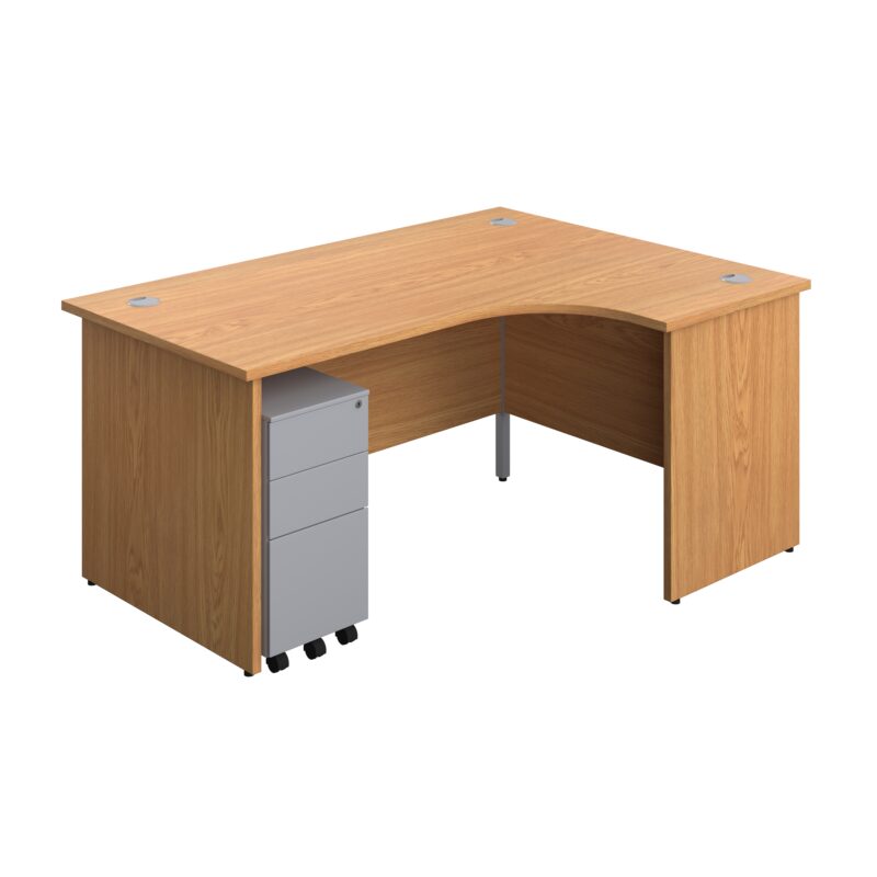 Panel Right Hand Radial Desk + 3 Drawer Slimline Steel Mobile Pedestal Bundle | 1600X1200 | Nova Oak/Silver