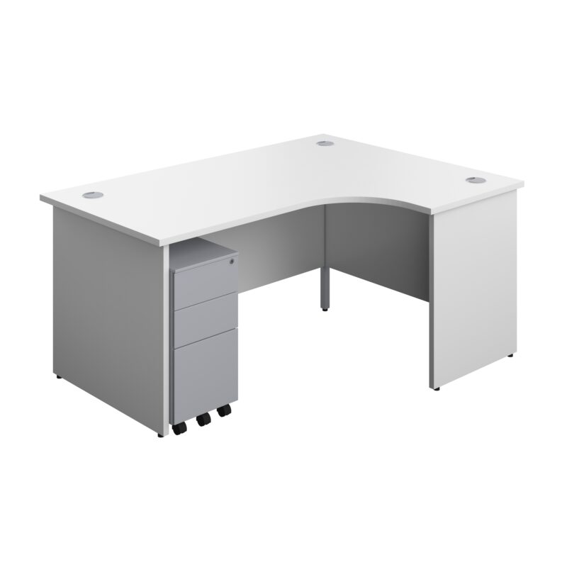 Panel Right Hand Radial Desk + 3 Drawer Slimline Steel Mobile Pedestal Bundle | 1600X1200 | White/Silver