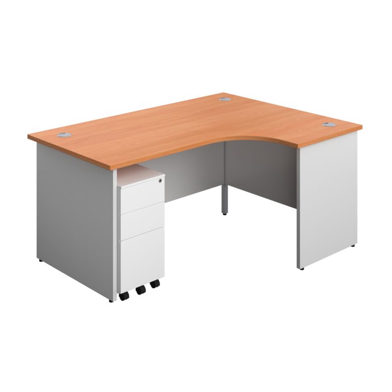 Panel Plus Right Radial Desk + 3 Drawer White Slimline Steel Mobile Pedestal Bundle | 1600X1200 | Beech/White