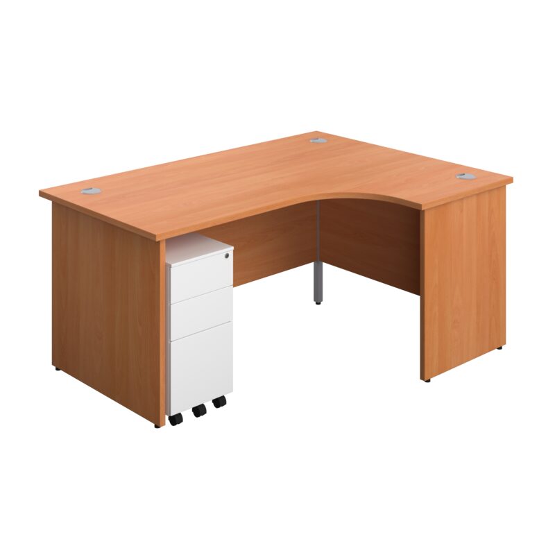 Panel Right Hand Radial Desk + 3 Drawer Slimline Steel Mobile Pedestal Bundle | 1600X1200 | Beech/White