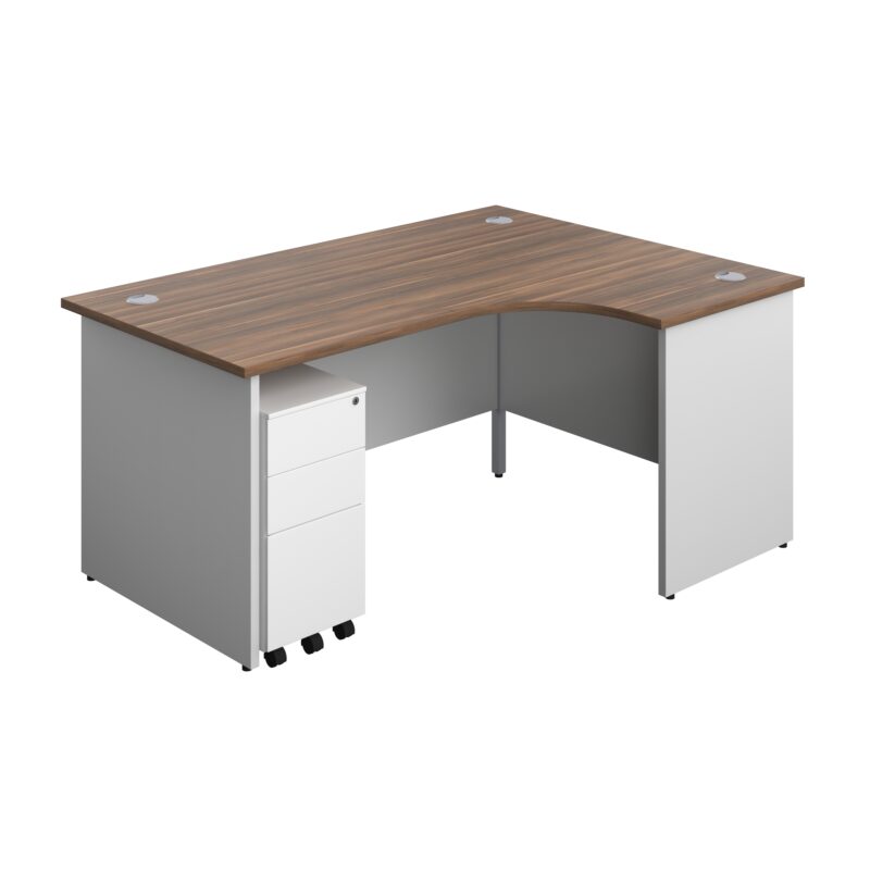 Panel Plus Right Radial Desk + 3 Drawer White Slimline Steel Mobile Pedestal Bundle | 1600X1200 | Dark Walnut/White