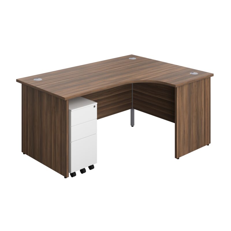 Panel Right Hand Radial Desk + 3 Drawer Slimline Steel Mobile Pedestal Bundle | 1600X1200 | Dark Walnut/White