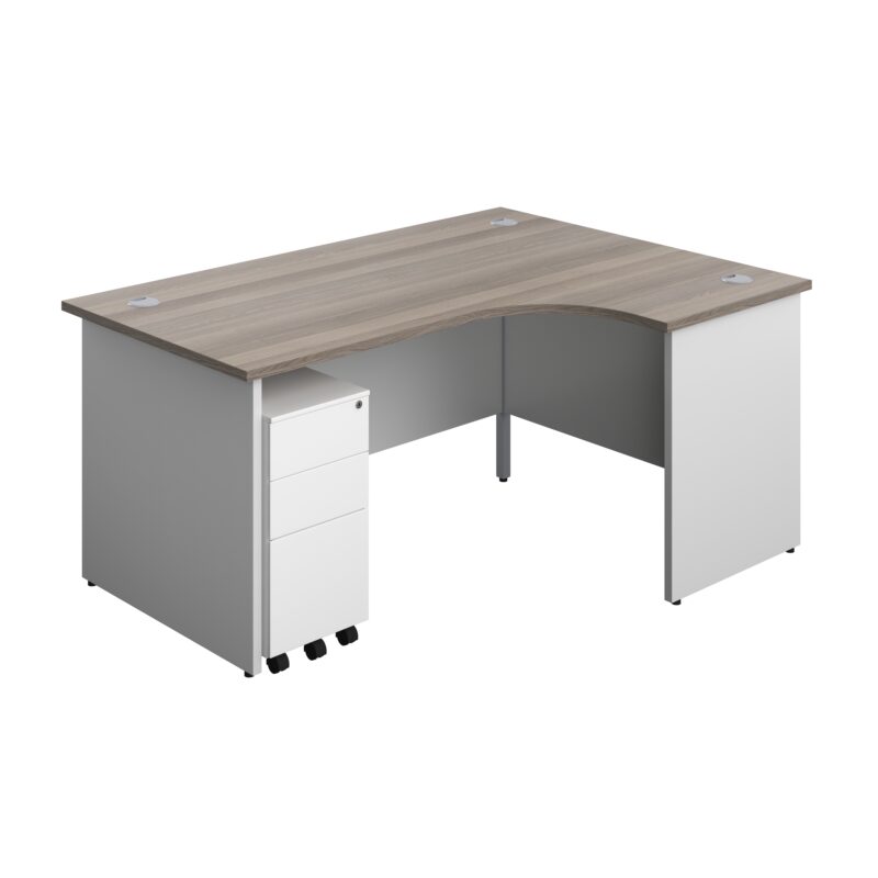 Panel Plus Right Radial Desk + 3 Drawer White Slimline Steel Mobile Pedestal Bundle | 1600X1200 | Grey Oak/White