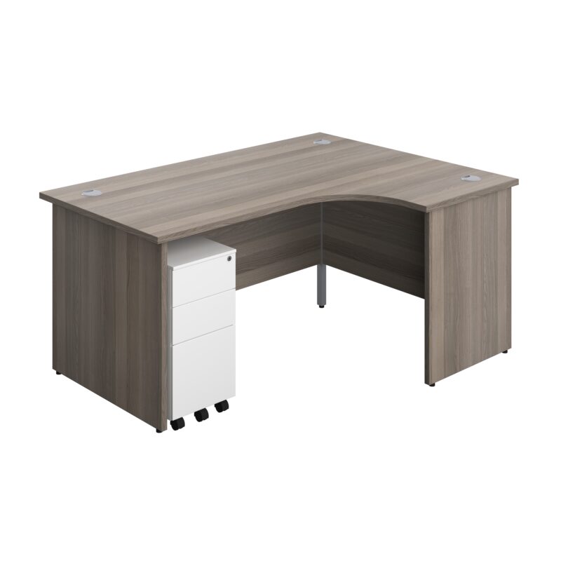 Panel Right Hand Radial Desk + 3 Drawer Slimline Steel Mobile Pedestal Bundle | 1600X1200 | Grey Oak/White