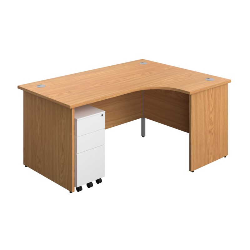 Panel Right Hand Radial Desk + 3 Drawer Slimline Steel Mobile Pedestal Bundle | 1600X1200 | Nova Oak/White