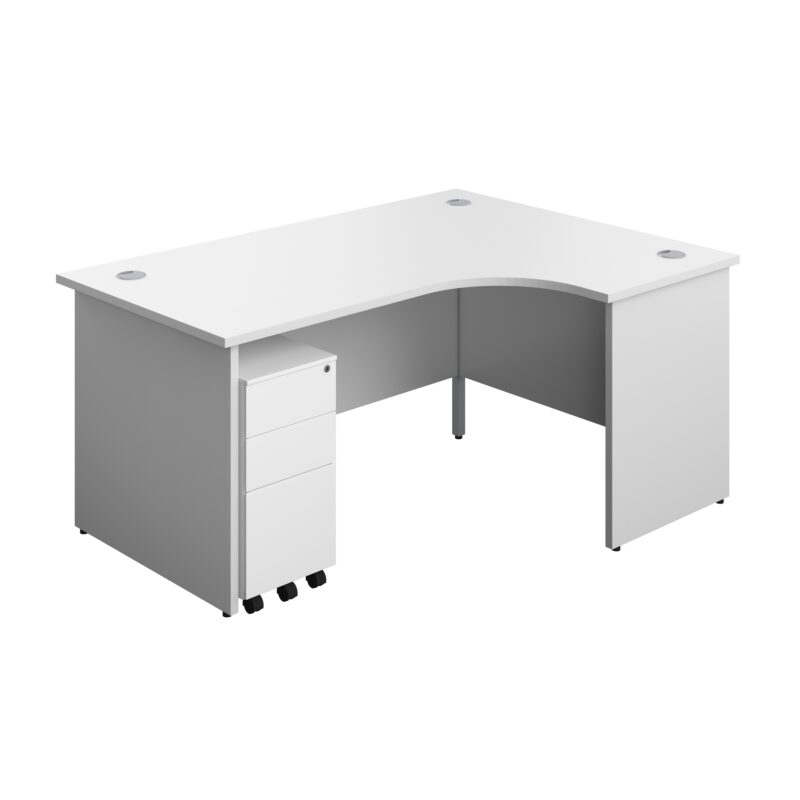 Panel Right Hand Radial Desk + 3 Drawer Slimline Steel Mobile Pedestal Bundle | 1600X1200 | White/White