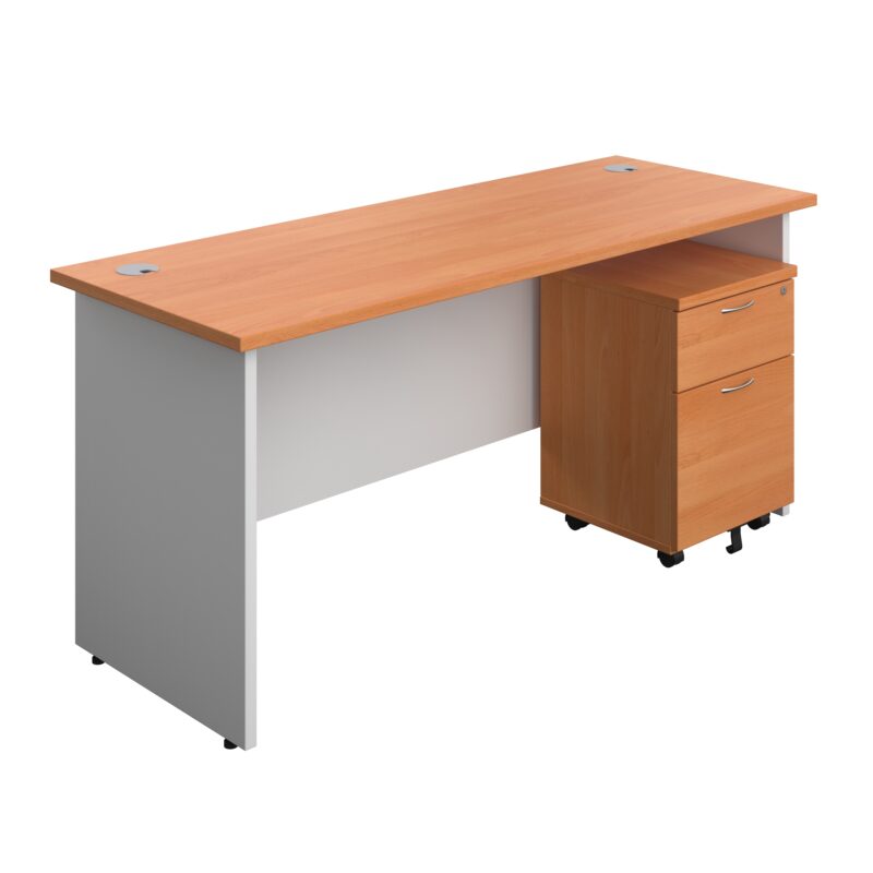 Panel Plus Rectangular Desk + 2 Drawer Mobile Pedestal Bundle | 1600X600 | Beech/White