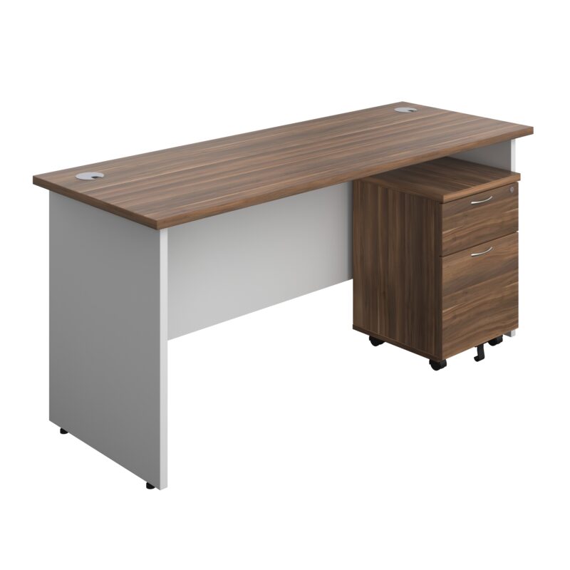 Panel Plus Rectangular Desk + 2 Drawer Mobile Pedestal Bundle | 1600X600 | Dark Walnut/White