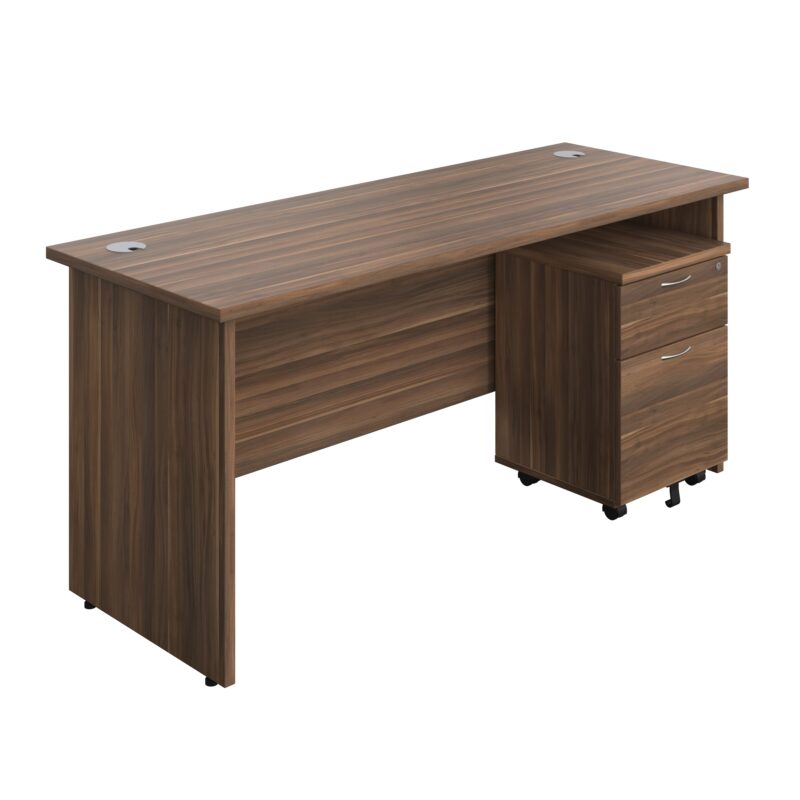 Panel Rectangular Desk + 2 Drawer Mobile Pedestal Bundle | 1600X600 | Dark Walnut/Dark Walnut