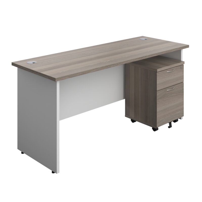 Panel Plus Rectangular Desk + 2 Drawer Mobile Pedestal Bundle | 1600X600 | Grey Oak/White