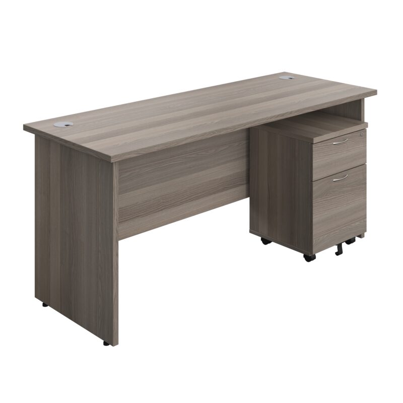 Panel Rectangular Desk + 2 Drawer Mobile Pedestal Bundle | 1600X600 | Grey Oak/Grey Oak