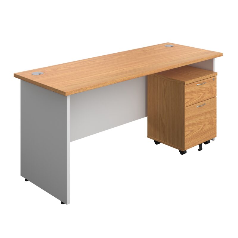 Panel Plus Rectangular Desk + 2 Drawer Mobile Pedestal Bundle | 1600X600 | Nova Oak/White