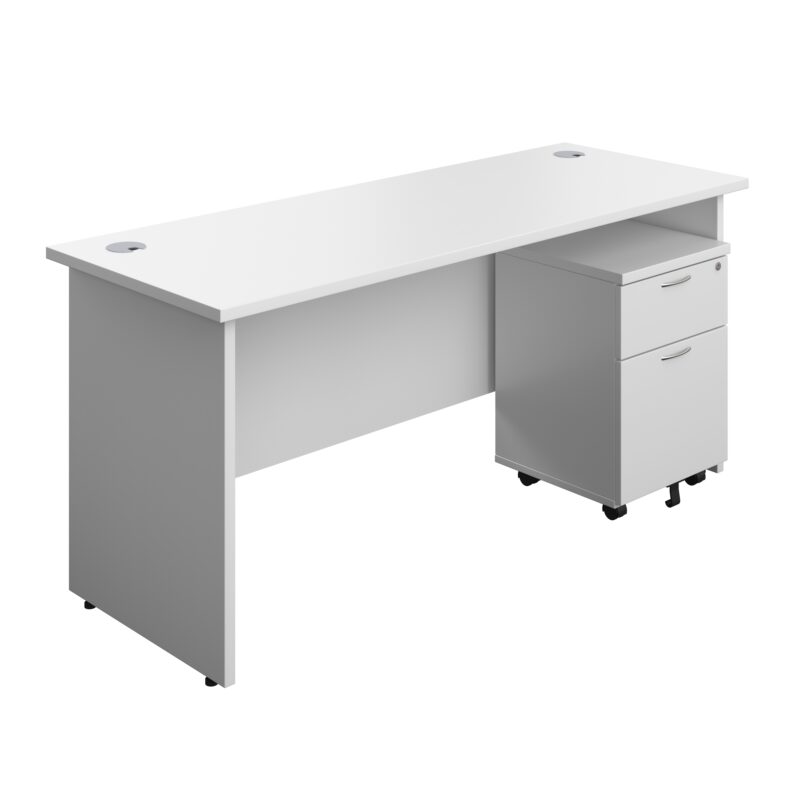 Panel Rectangular Desk + 2 Drawer Mobile Pedestal Bundle | 1600X600 | White/White