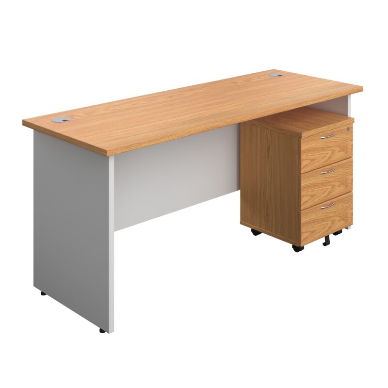 Panel Plus Rectangular Desk + 3 Drawer Mobile Pedestal Bundle | 1600X600 | Nova Oak/White