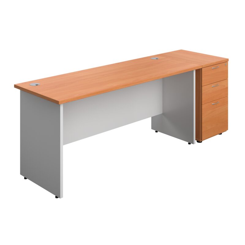 Panel Plus Rectangular Desk + Matching 3 Drawer Desk High Pedestal Bundle | 600 Pedestal | 1600X600 | Beech/White