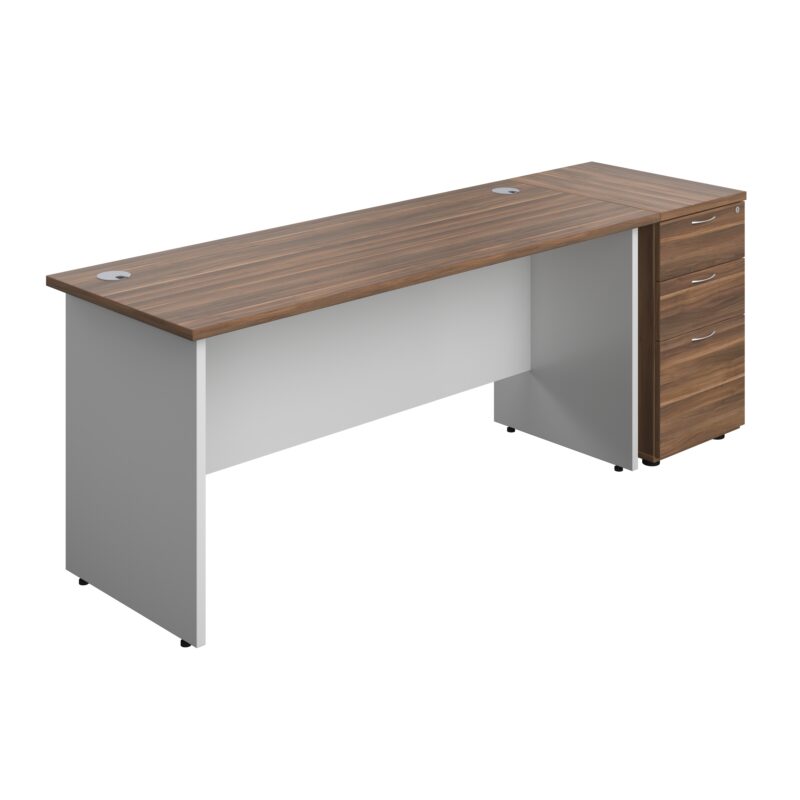 Panel Plus Rectangular Desk + Matching 3 Drawer Desk High Pedestal Bundle | 600 Pedestal | 1600X600 | Dark Walnut/White