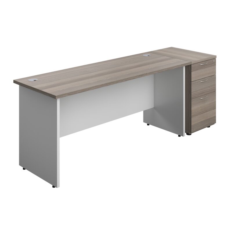 Panel Plus Rectangular Desk + Matching 3 Drawer Desk High Pedestal Bundle | 600 Pedestal | 1600X600 | Grey Oak/White