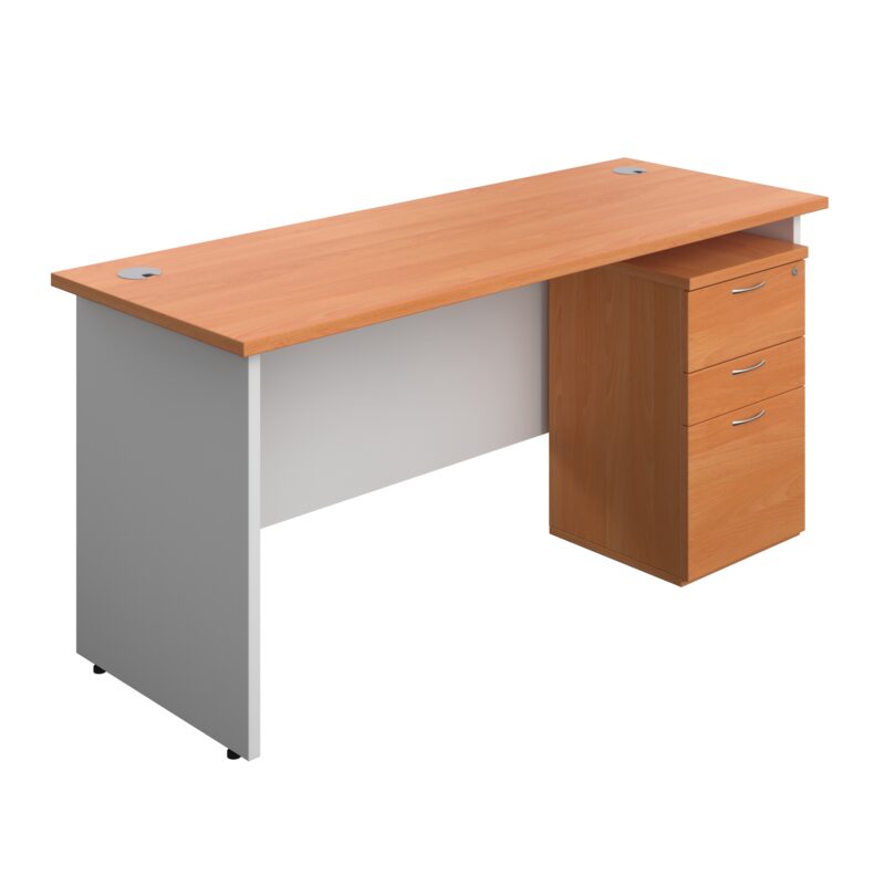 Panel Plus Rectangular Desk + 3 Drawer High Mobile Pedestal Bundle | 1600X600 | Beech/White