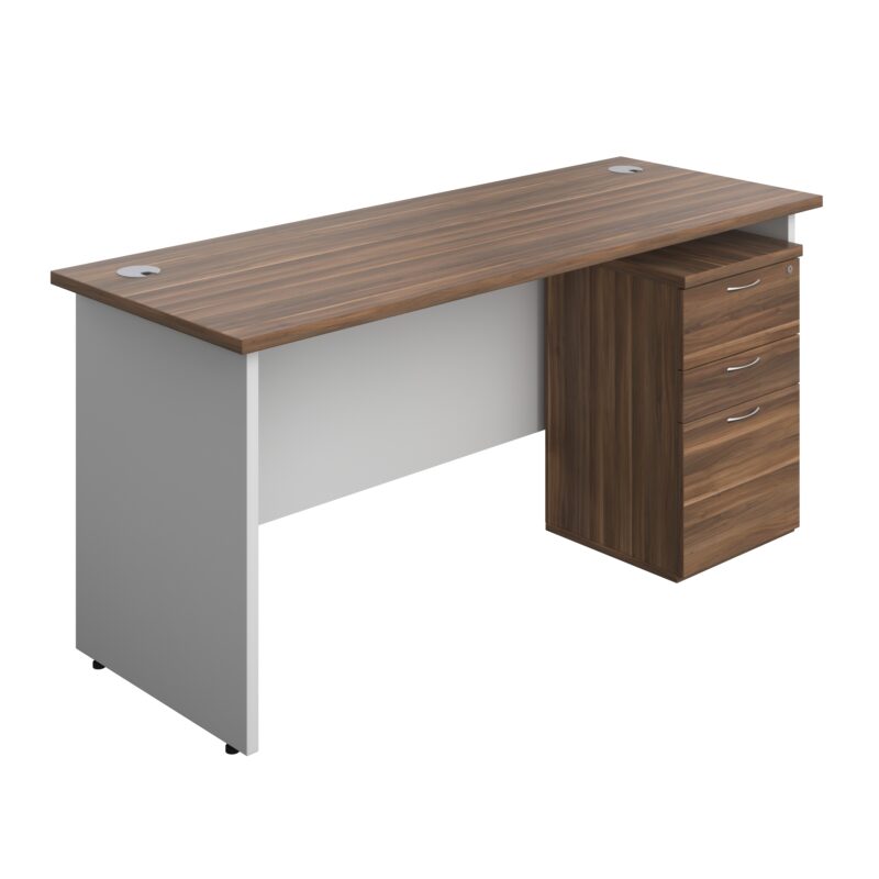 Panel Plus Rectangular Desk + 3 Drawer High Mobile Pedestal Bundle | 1600X600 | Dark Walnut/White