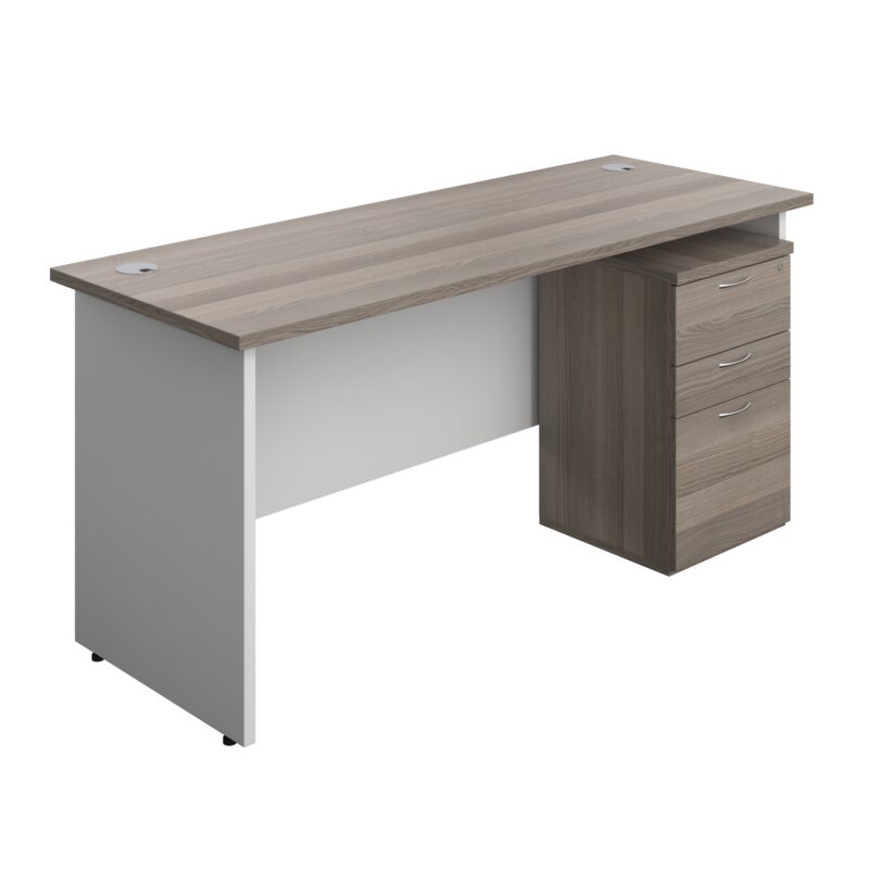 Panel Plus Rectangular Desk + 3 Drawer High Mobile Pedestal Bundle | 1600X600 | Grey Oak/White