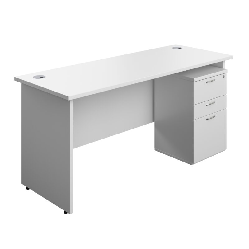 Panel Rectangular Desk + 3 Drawer High Mobile Pedestal Bundle | 1600X600 | White/White