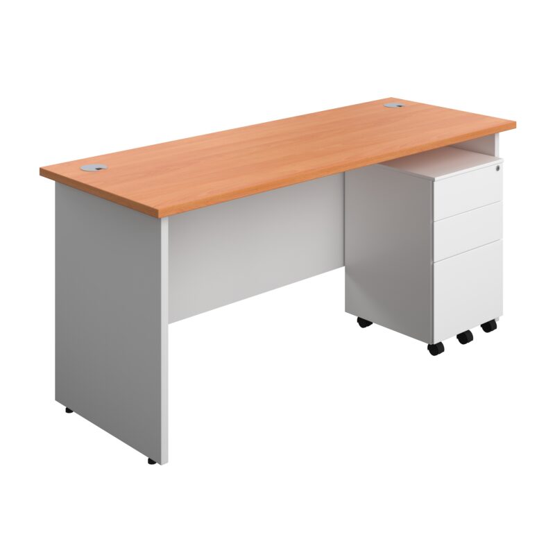 Panel Plus Rectangular Desk + 3 Drawer Steel Pedestal Bundle | 1600X600 | Beech/White