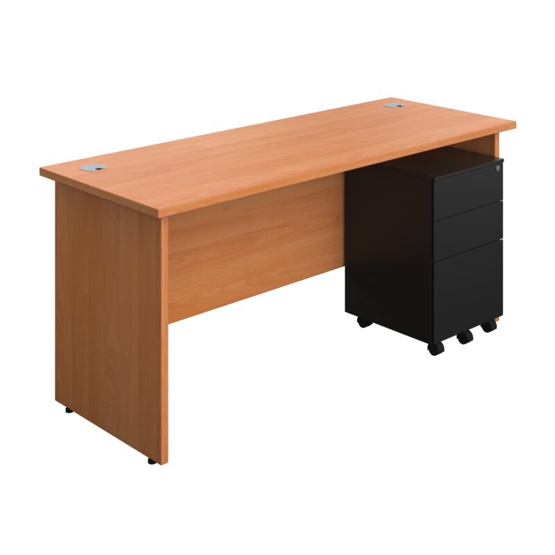 Panel Rectangular Desk + 3 Drawer Steel Pedestal Bundle | 1600X600 | Beech/Black