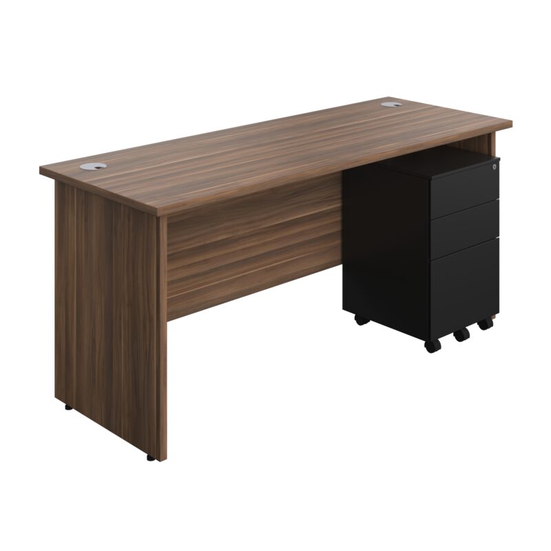 Panel Rectangular Desk + 3 Drawer Steel Pedestal Bundle | 1600X600 | Dark Walnut/Black