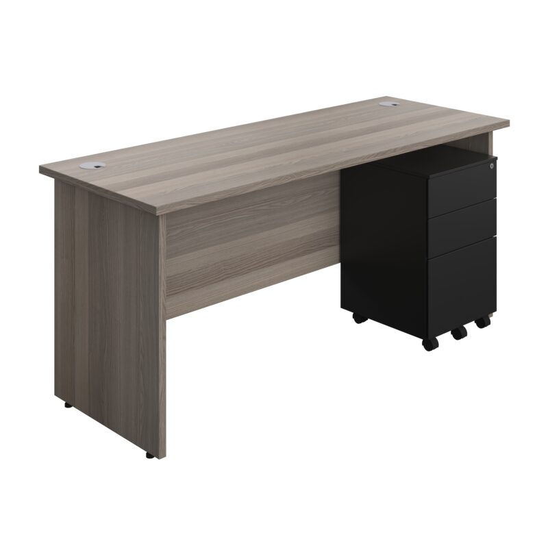 Panel Rectangular Desk + 3 Drawer Steel Pedestal Bundle | 1600X600 | Grey Oak/Black