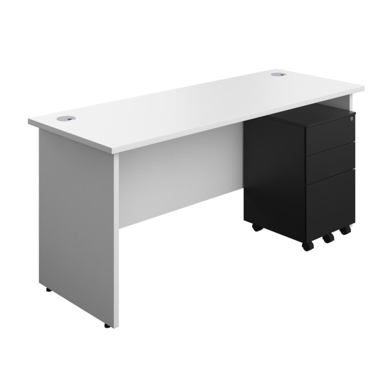 Panel Rectangular Desk + 3 Drawer Steel Pedestal Bundle | 1600X600 | White/Black