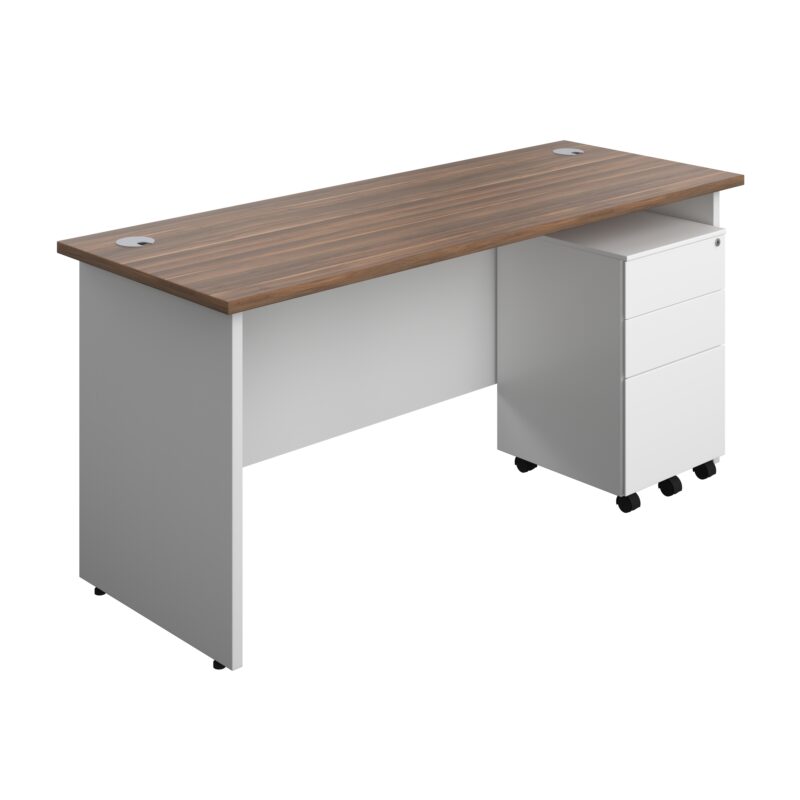 Panel Plus Rectangular Desk + 3 Drawer Steel Pedestal Bundle | 1600X600 | Dark Walnut/White