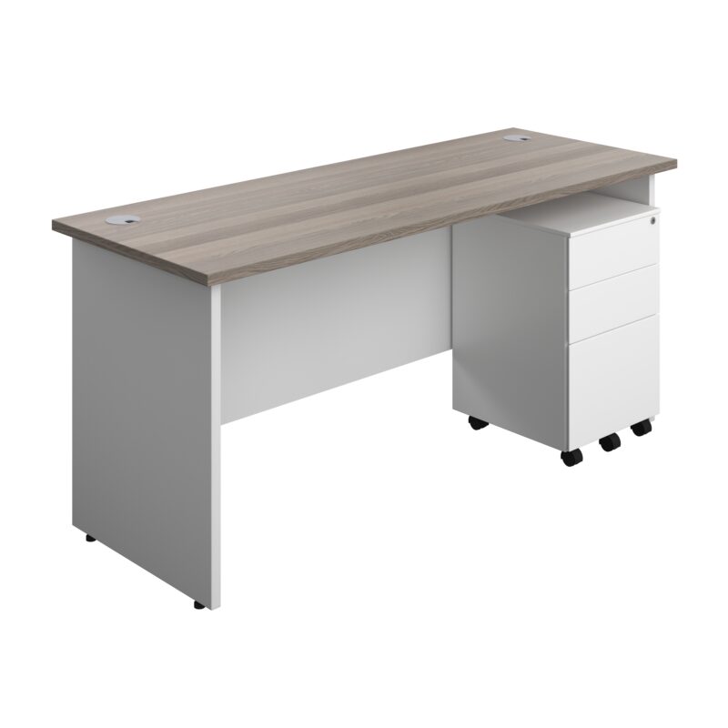 Panel Plus Rectangular Desk + 3 Drawer Steel Pedestal Bundle | 1600X600 | Grey Oak/White