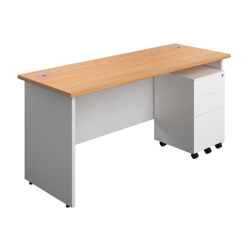 Panel Plus Rectangular Desk + 3 Drawer Steel Pedestal Bundle | 1600X600 | Nova Oak/White