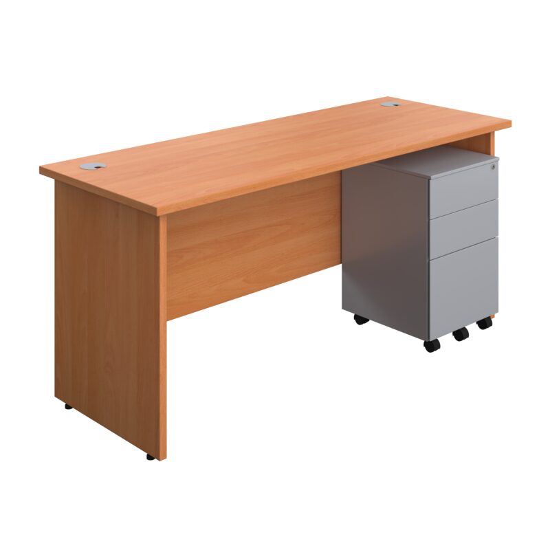 Panel Rectangular Desk + 3 Drawer Steel Pedestal Bundle | 1600X600 | Beech/Silver