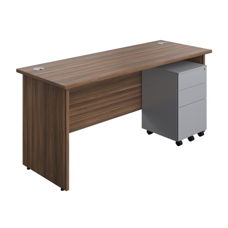 Panel Rectangular Desk + 3 Drawer Steel Pedestal Bundle | 1600X600 | Dark Walnut/Silver