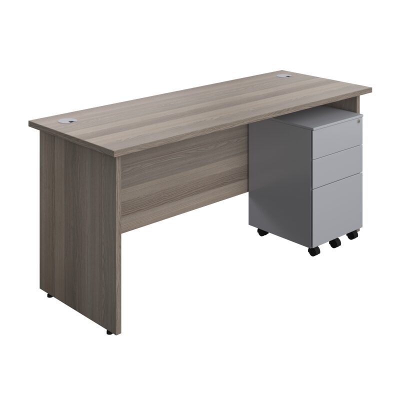 Panel Rectangular Desk + 3 Drawer Steel Pedestal Bundle | 1600X600 | Grey Oak/Silver