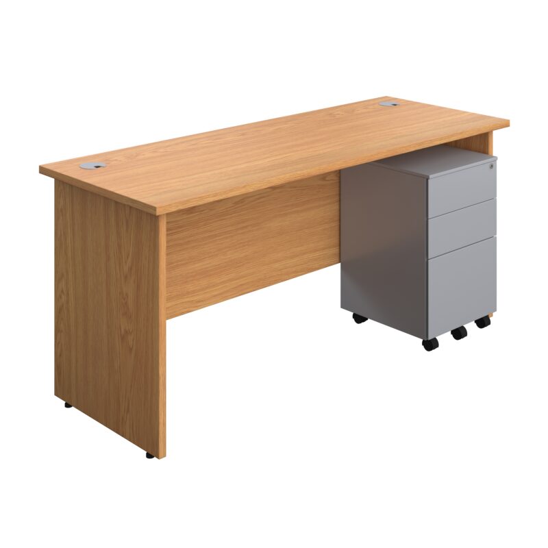 Panel Rectangular Desk + 3 Drawer Steel Pedestal Bundle | 1600X600 | Nova Oak/Silver