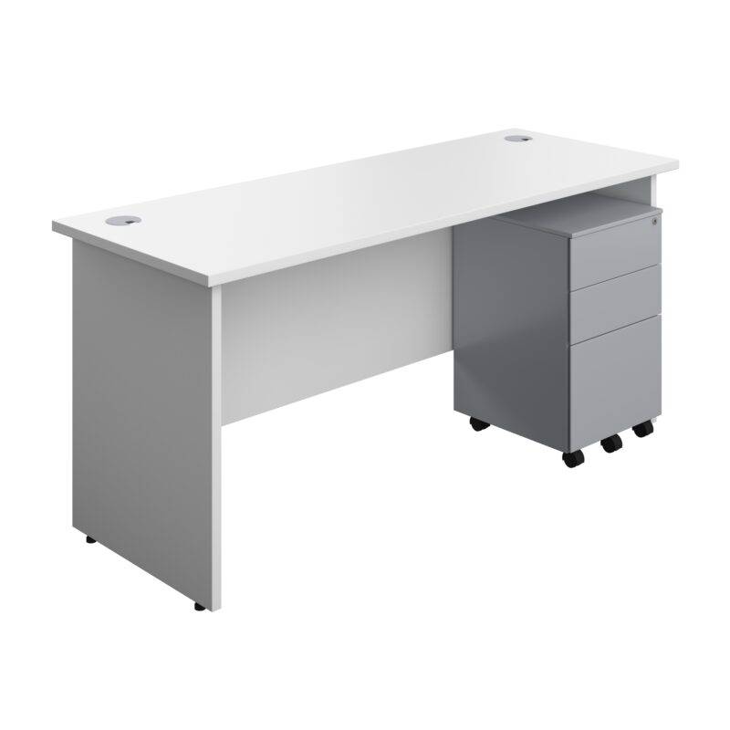 Panel Rectangular Desk + 3 Drawer Steel Pedestal Bundle | 1600X600 | White/Silver